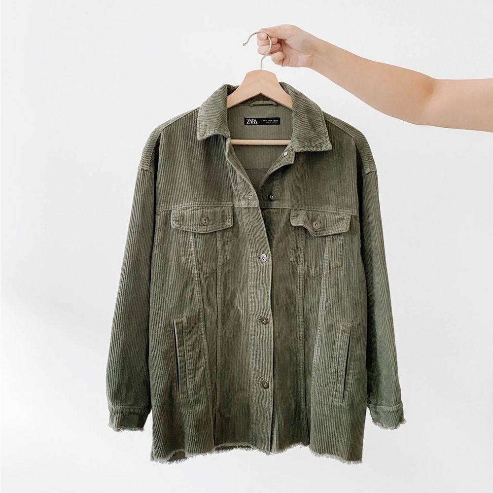 Zara Frayed Green Corduroy Jacket Size Large - Picture 1 of 7